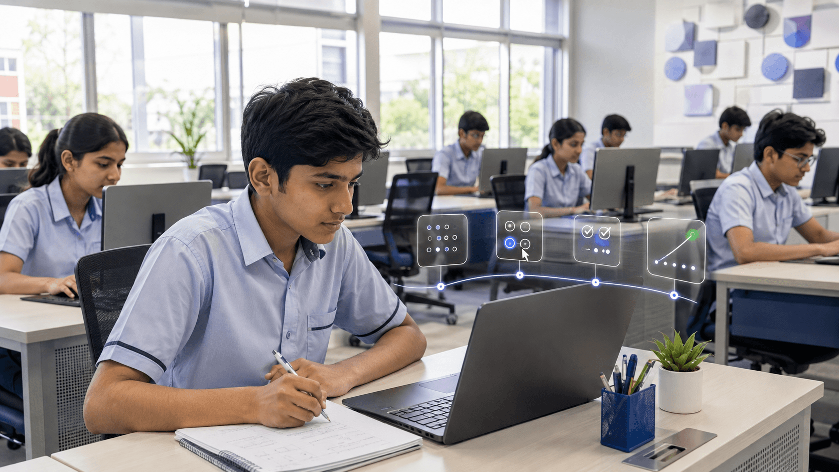 Student preparing for digital learning and assessment in a school computer lab